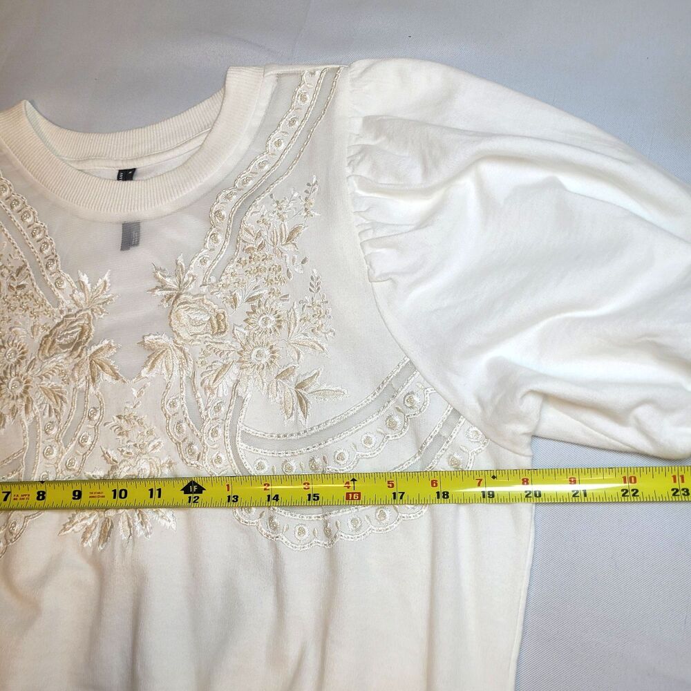 By Anthropologie Wmn Embroidered Beaded Puff Sleeve Sweatshirt Top Ivory Sz Med - Picture 12 of 13